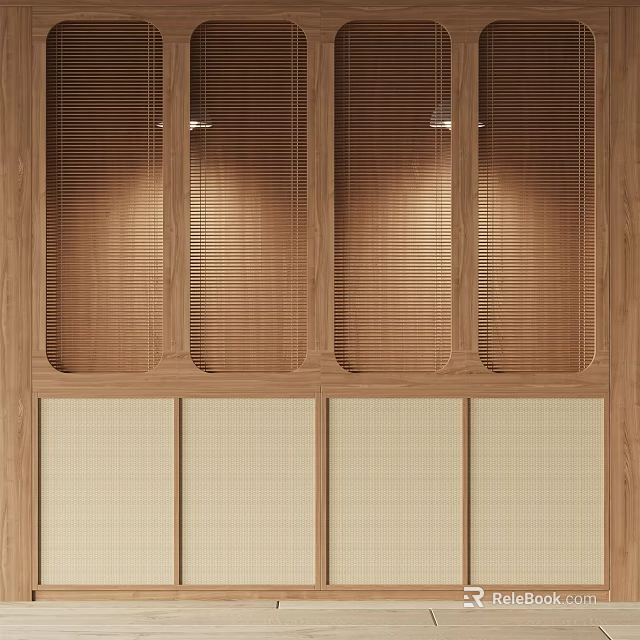 Modern Wooden Wardrobe Design With Rattan Panels And Sliding Storage Doors 3d model 