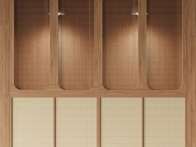 Modern Wooden Wardrobe Design With Rattan Panels And Sliding Storage Doors 3d model