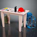 Man Packing Work Gear With Red Safety Helmet Black Water Bottle Tools And Backpacks On Table