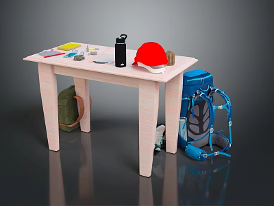 Man Packing Work Gear With Red Safety Helmet Black Water Bottle Tools And Backpacks On Table 3d model