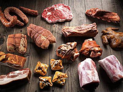 Various Fresh Meats Displayed Including Sausages Steak Bacon Roasted Ham And Meatballs 3d model