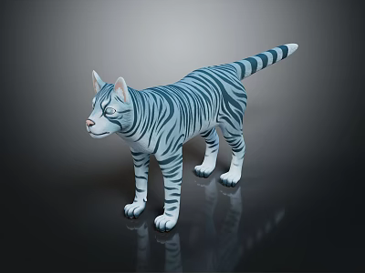 Blue And White Striped Cat Figure Standing On Dark Reflective Surface 3d model