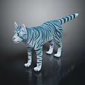 Blue And White Striped Cat Figure Standing On Dark Reflective Surface