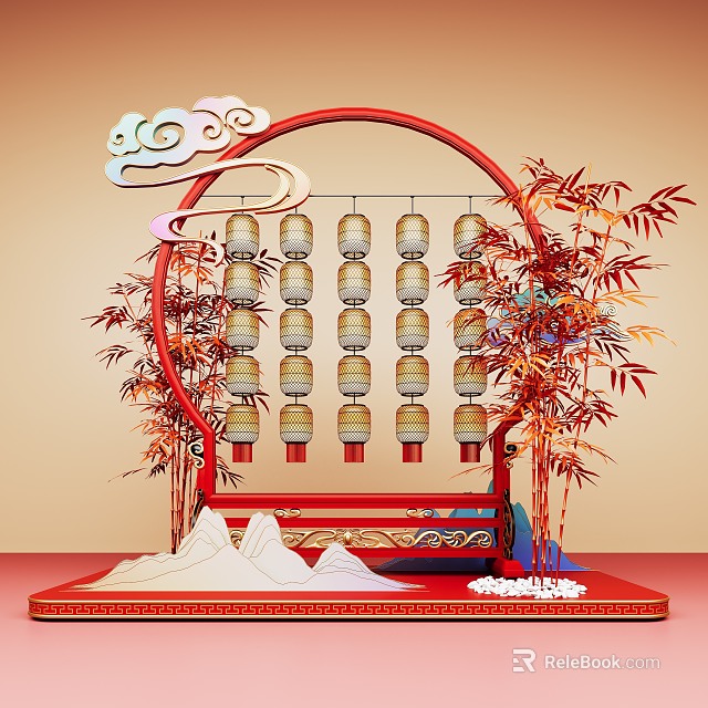 Traditional Chinese Decorative Arrangement With Red Circular Frame Lanterns Bamboo Cloud Patterns And Mountain Designs 3d model 