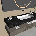 Modern Bathroom Vanity With Marble Countertop White Sink Black Faucet Round Backlit Mirror Green Plant