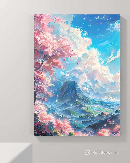 Cherry Blossom Landscape Painting With Pink Flowers Blue Sky Clouds And Mountain View 3d model 