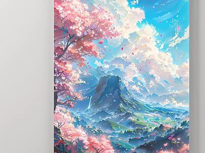 Cherry Blossom Landscape Painting With Pink Flowers Blue Sky Clouds And Mountain View 3d model