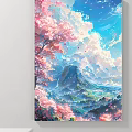 Cherry Blossom Landscape Painting With Pink Flowers Blue Sky Clouds And Mountain View
