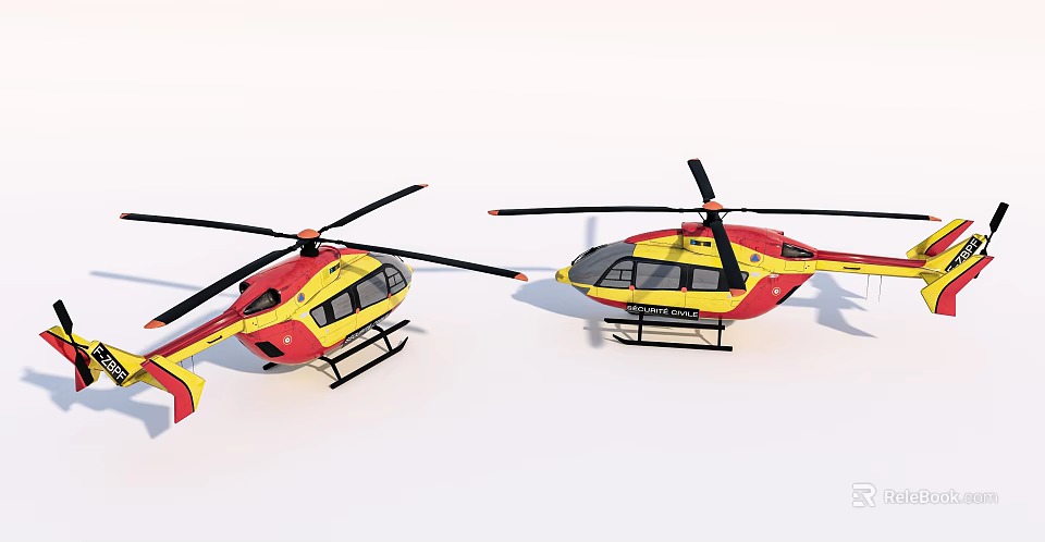 Two Yellow And Red Helicopters With Rotors On White Background Studio 3d model