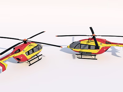 Two Yellow And Red Helicopters With Rotors On White Background Studio 3d model