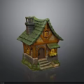 Fairy Tale Style Small Cottage With Green Roof Chimney Orange Walls Steps And Lit Window