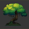 Cartoon Style Tree Scene With Green And Yellow Leaves Brown Trunk Green Grass Blue Puddle