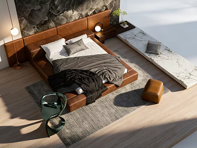 Double Bed Background With Textured Wall Brown Upholstered Gray Bedding Nightstand Lamp Green Plant 3d model