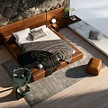 Double Bed Background With Textured Wall Brown Upholstered Gray Bedding Nightstand Lamp Green Plant