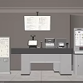 Commercial Equipment Setup Featuring Service Counter Computer Cash Register Display Screen And Information Kiosks