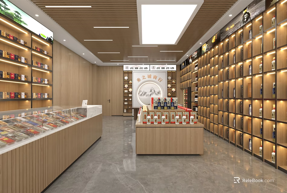 Bright Tobacco and Liquor Store Interior With Wooden Shelves Displaying Liquor Bottles And Tobacco Products 3d model 
