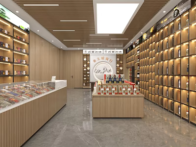 Bright Tobacco and Liquor Store Interior With Wooden Shelves Displaying Liquor Bottles And Tobacco Products 3d model
