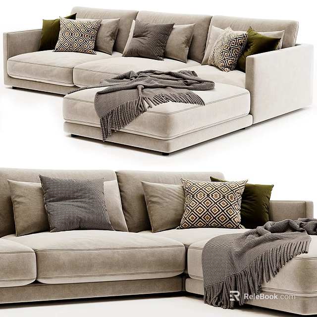 Modern Beige Sectional Sofa With Mixed Decorative Pillows And Soft Throw Blanket 3d model
