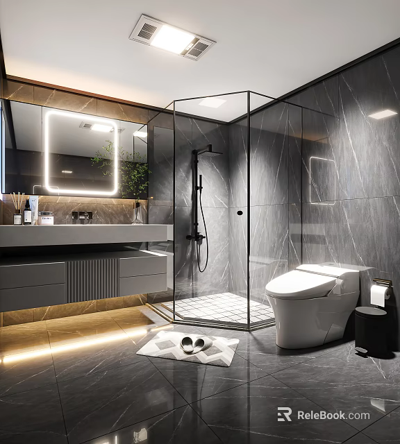 Modern Bathroom Interior Design With Glass Shower Enclosure Backlit Mirror Marble Vanity And Toilet 3d model 