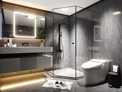 Modern Bathroom Interior Design With Glass Shower Enclosure Backlit Mirror Marble Vanity And Toilet 3d model