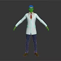 Male Doctor in White Coat Red Tie Blue Pants Brown Shoes Standing Against Gray Background