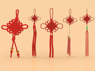 Red Chinese Knot Decorative Ornament Set With Tassel And Hanging Design 3d model