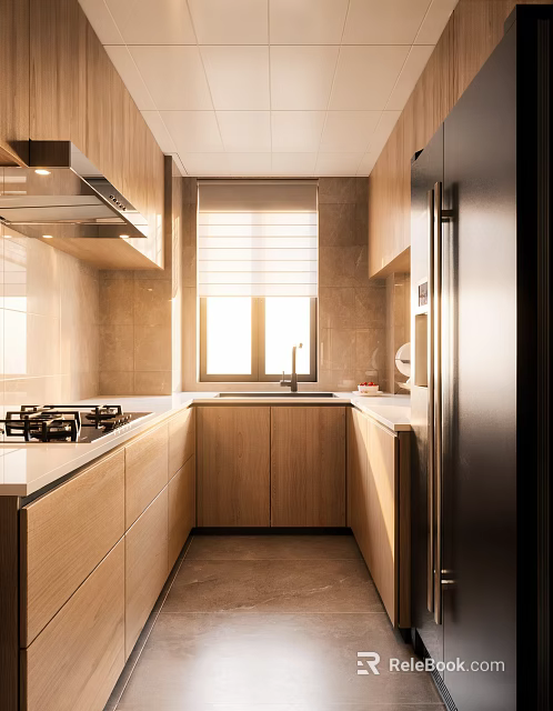 Modern Kitchen Interior With Wooden Cabinets Stainless Steel Appliances And White Countertop 3d model 