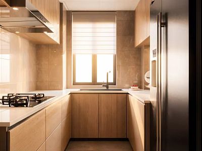 Modern Kitchen Interior With Wooden Cabinets Stainless Steel Appliances And White Countertop 3d model