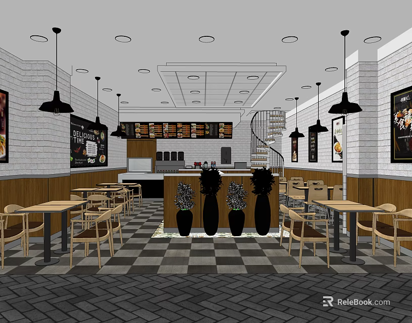 Modern Restaurant Interior With Pendant Lights Tables Chairs Checkered Black White Floor Posters Counter Vases 3d model 