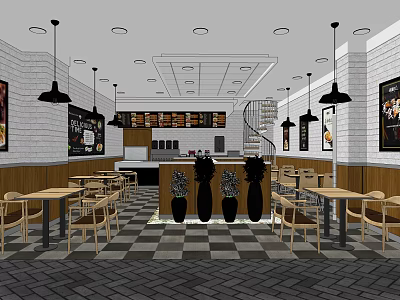 Modern Restaurant Interior With Pendant Lights Tables Chairs Checkered Black White Floor Posters Counter Vases 3d model