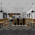 Modern Restaurant Interior With Pendant Lights Tables Chairs Checkered Black White Floor Posters Counter Vases