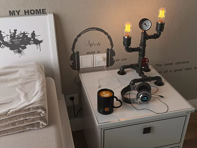 Industrial Pipe Table Lamp On Bedroom Nightstand With Headphones Candle And Wall Art 3d model