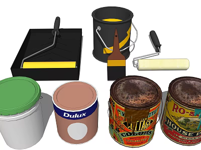 Industrial Equipment For Painting Including Paint Cans Rollers And Brushes 3d model