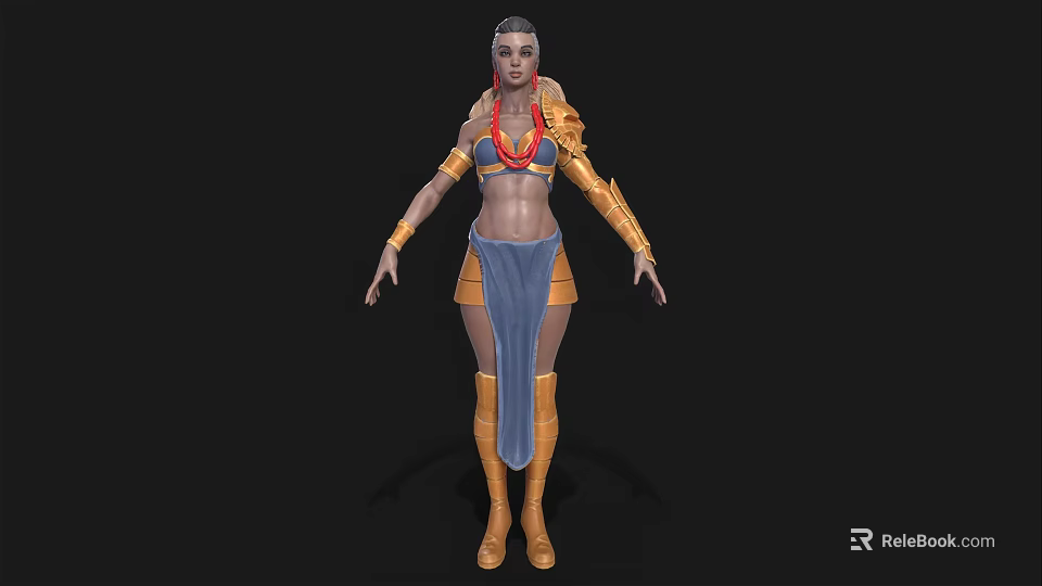 Fantasy Woman in Red Top Blue Skirt with Golden Ornaments and Boots 3d model 