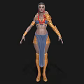 Fantasy Woman in Red Top Blue Skirt with Golden Ornaments and Boots