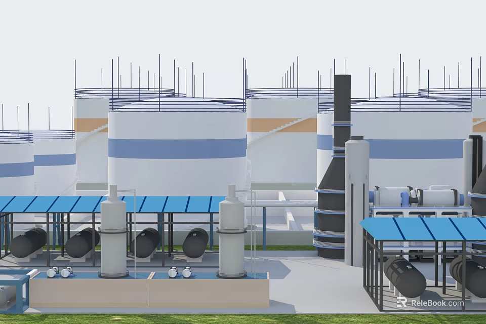 Industrial Plant Featuring Large Storage Tanks Blue Roof Structures Industrial Pipelines And Chimney Stacks 3d model 