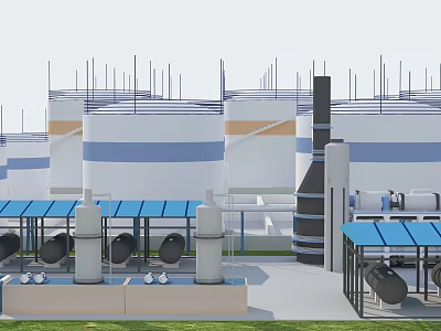 Industrial Plant Featuring Large Storage Tanks Blue Roof Structures Industrial Pipelines And Chimney Stacks 3d model