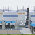 Industrial Plant Featuring Large Storage Tanks Blue Roof Structures Industrial Pipelines And Chimney Stacks
