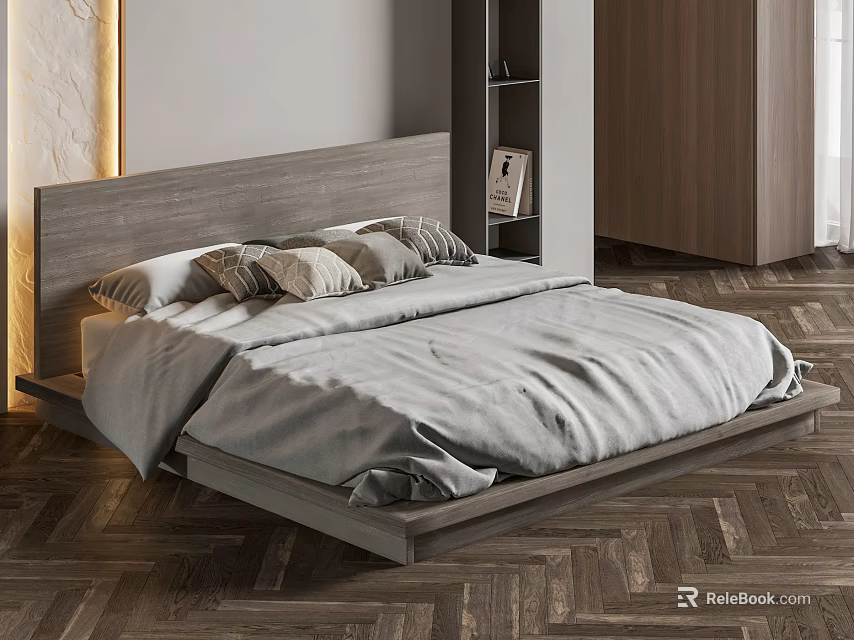 Modern Double Bed With Wooden Headboard And Gray Bedding In Herringbone Floor Room 3d model 