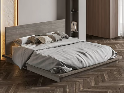 Modern Double Bed With Wooden Headboard And Gray Bedding In Herringbone Floor Room 3d model