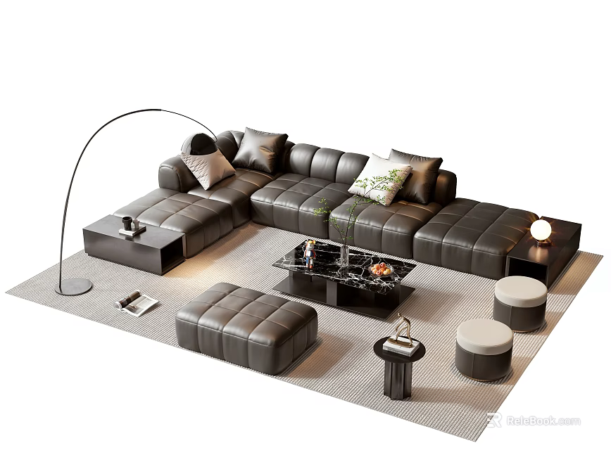 Modern Black Leather L Sofa Coffee Table Set With Arc Floor Lamp Ottoman And Pillows 3d model 