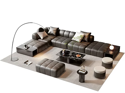 Modern Black Leather L Sofa Coffee Table Set With Arc Floor Lamp Ottoman And Pillows 3d model