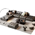 Modern Black Leather L Sofa Coffee Table Set With Arc Floor Lamp Ottoman And Pillows