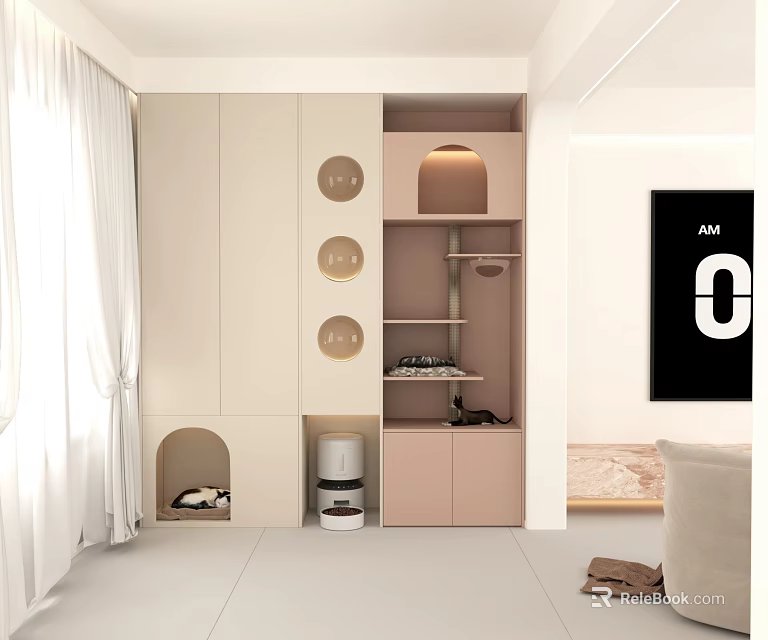 Cozy Modern Home Balcony Interior With Soft Curtains Storage Shelves And Green Plants 3d model 