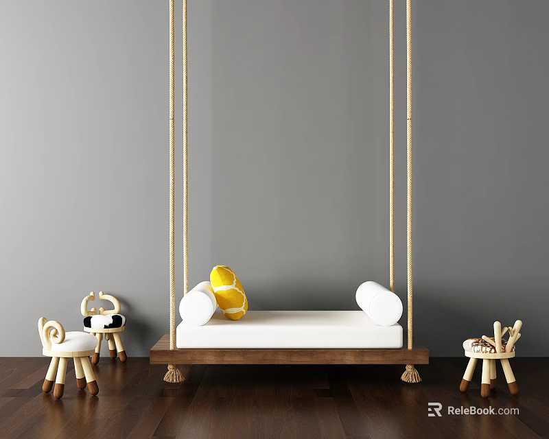 Stylish Hanging Chair Interior Design With Wooden Frame White Cushion Small Stools And Yellow Lemons 3d model 