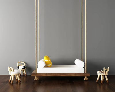 Stylish Hanging Chair Interior Design With Wooden Frame White Cushion Small Stools And Yellow Lemons 3d model