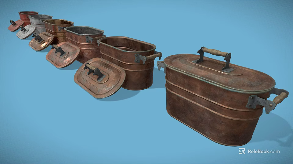 Household Copper Lidded Containers in Various Sizes with Open and Closed Lids 3d model 