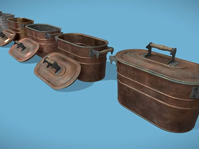 Household Copper Lidded Containers in Various Sizes with Open and Closed Lids 3d model