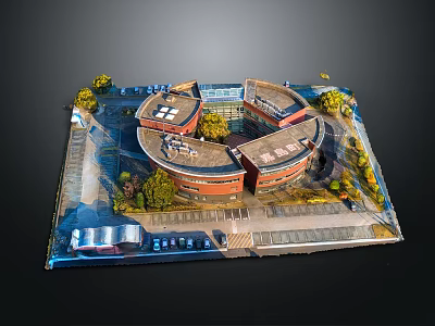 Scenic View Of Circular Red Building Model With Surrounding Trees Parking Lot And Vehicles 3d model