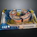 Scenic View Of Circular Red Building Model With Surrounding Trees Parking Lot And Vehicles